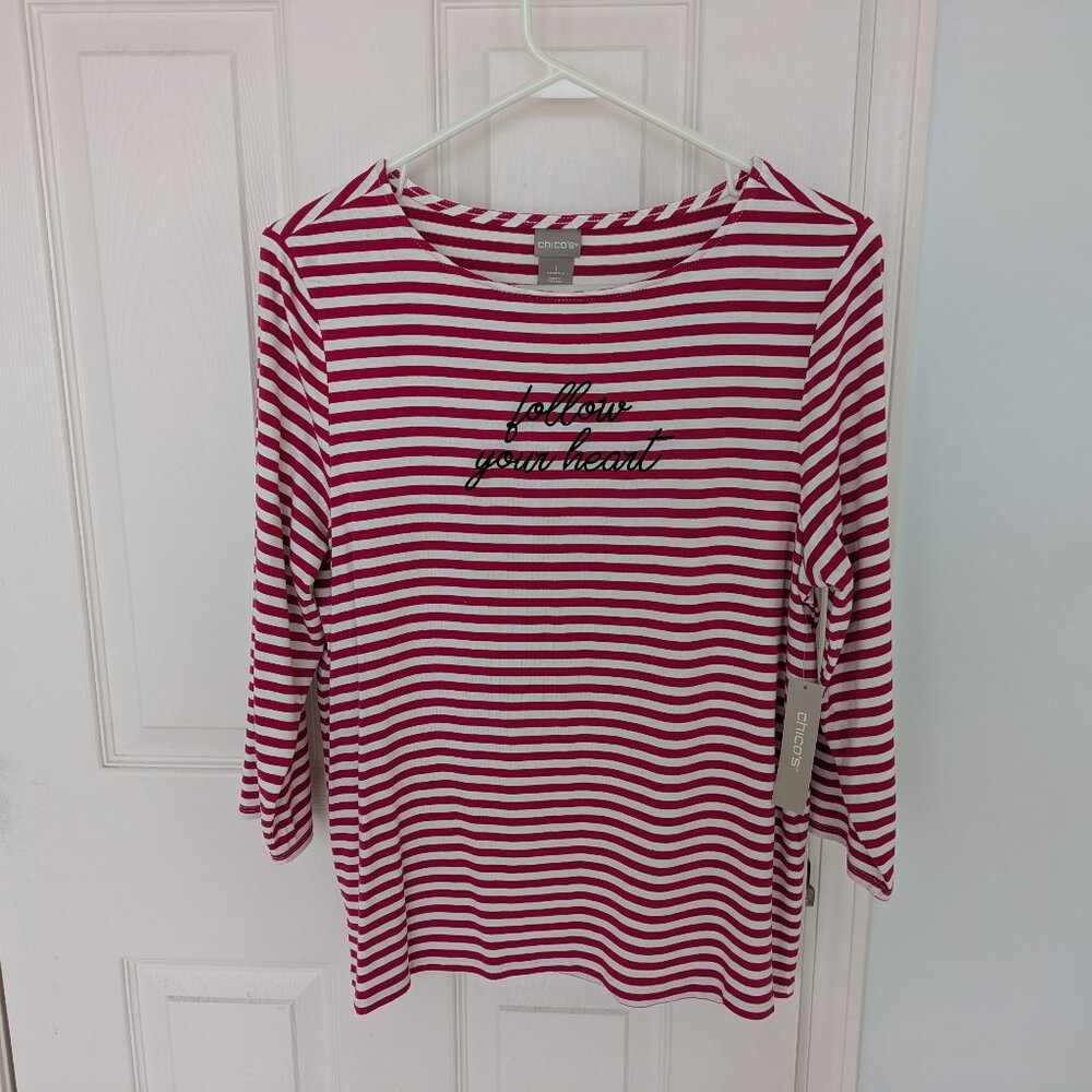 Chico's, Size 1, striped 3/4 sleeved knit top.